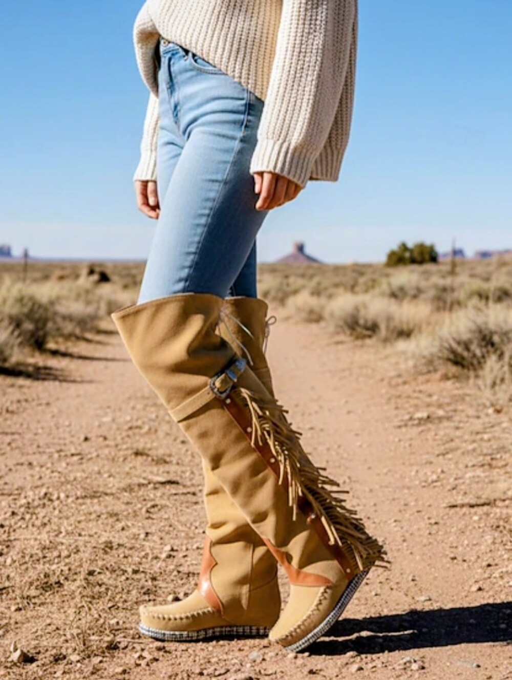 NWOT Tan Faux Suede Knee High Fringe Moccasin Buckle Western Festival Boots 10
